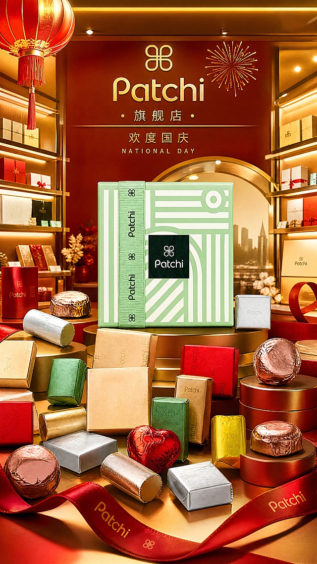 国庆节直播间背景图，写实数字插画，电影级光影，强烈明暗对比，强透视，镜头感，画面张力，商业摄影，产品海报设计。主体是Patchi巧克力礼盒和巧克力单品，参考图中的多种包装巧克力，多个角度错落叠加摆放搭建，产品堆叠有层次有审美，产品不漂浮，很强的视觉传达效果，突出产品。审美高吸睛的抽象构图背景，高端广告品牌摄影风格，整个场景奢华、精致、简约和高端，艺术感十足，完美构图，Octane渲染，64K高清画质，质感，肌理感，艺术抽象，诗意的，高级，杰作，极具视觉冲击力，获奖作品，大师级配色，大师级排版，高细节，高级感，超高清，布局协调。有国庆的氛围，惟妙惟肖。背景是国庆氛围感的高级配色（金红色），背景有国庆的装饰，有字体"Patchi"的旗舰店内部结构（国庆氛围感），位置在背景的上偏中的位置。整体画面很清晰。背景的两侧边是多个角度叠加摆放或者整齐摆放的Patchi巧克力单品，整体视觉传达很强烈，很吸睛。整体画面很有层次感，层次感很强烈。背景整体偏亮。去除产品底部的白色纸。背景偏亮点。产品图中的绿盒换成正视图的视觉效果。