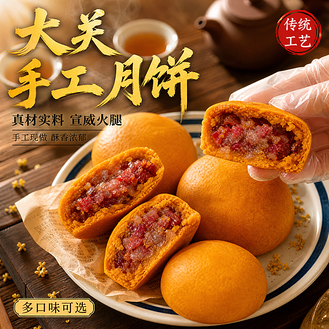 [主图-1] 大关手工云腿月饼食欲首图。
[氛围风格] 温馨中式餐桌场景 食欲感拉满 抖音强视觉冲击风。
[画质] 商业美食摄影质感 光线柔和通透 月饼清晰真实 画面干净高级 超高清细节。
[元素] 画面右侧主体为切开的手工云腿月饼 露出饱满的宣威火腿馅料 火腿颗粒分明油润透亮 月饼外皮金黄酥松层次分明 旁边摆放2-3个完整的金黄月饼 月饼放在古朴的白瓷蓝边盘中 盘边点缀少许干桂花与油纸。背景是暖木色中式餐桌 远处虚化的紫砂茶壶与小茶杯 营造中秋传统氛围。一只戴透明一次性手套的手轻轻拿起半块月饼 动作自然。保持月饼外观（即物理结构 材质质感 颜色 馅料形态）与输入产品图保持绝对一致 杜绝任何变形和色差 精细化处理。商品主体占比约70% 画面满屏无边框。
[光影] 自然暖阳侧逆光从左上打下来 月饼外皮呈现金黄油亮的光泽 火腿馅料有通透感 表面有细微油光 阴影柔和 整体暖色调 食欲感强 暗部有层次 无廉价HDR。
[配色] 主色调暖金黄+深木棕 辅助色米白瓷盘 强调色火腿红亮。
[视角构图] 45度俯视斜角 月饼为视觉中心 前中后景分层 景深中等 月饼轮廓完整不裁切。
[文字版式] 左上负空间左对齐留安全边距 主标题大字粗笔刷书法体写"大关手工月饼" 金黄色带轻微阴影 最大号粗体。副标题写"真材实料 宣威火腿" 黑色宋体 约主标题一半大小。再下方小字"手工现做 酥香浓郁"。右上角红色印章式圆标写"传统工艺" 白字红底。底部左侧小标签写"多口味可选" 暖黄底深棕字。
[输出要求] 1:1比例 文字清晰锐利 超高清商业美食摄影质感。
[负向提示词] 变形 文字错乱 产品模糊 背景杂乱 水印 电商平台Logo 手指畸形 多余的手。
