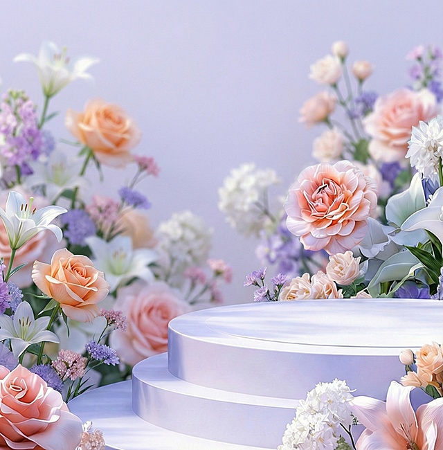 保留白色展示台，将背景改为淡紫色底，添加模糊的鲜花作为背景装饰
