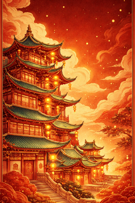 将这张古建筑图片改成参考图第一张的风格：国潮插画风格，红色暖色调，金线描边，柔和的手绘质感，整体色彩为红金配色，和第一张图的建筑画风保持一致预览效果
