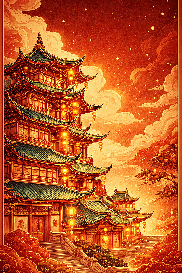 将这张古建筑图片改成参考图第一张的风格：国潮插画风格，红色暖色调，金线描边，柔和的手绘质感，整体色彩为红金配色，和第一张图的建筑画风保持一致