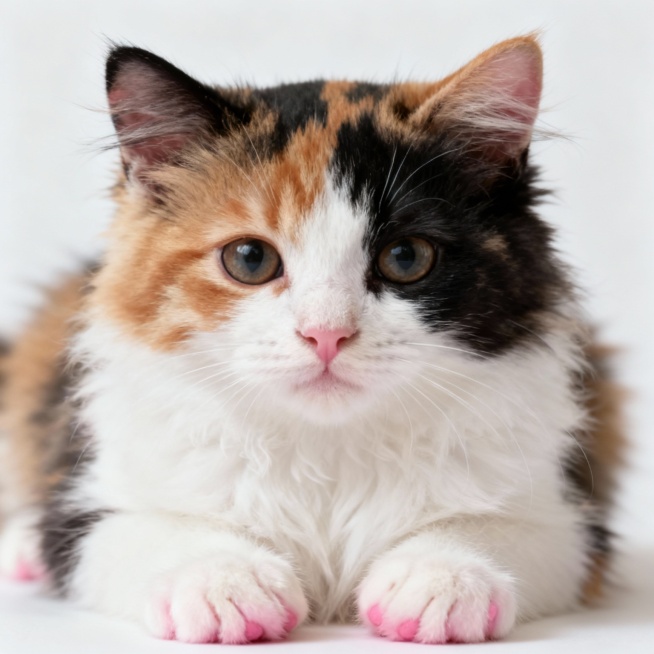 一只生动活泼的三花猫咪，毛色由白色、黑色和橘色交织，毛发柔软蓬松，眼睛圆溜溜的，带着温顺可爱的神情，耳朵微微竖起，爪子粉嫩，整体形象逼真，仿佛能触摸到毛发的质感，背景简洁干净，突出猫咪主体预览效果