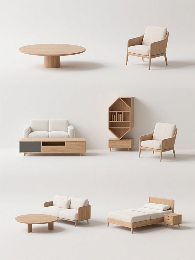 极简主义风格3D渲染，六个规整排布的家具素材，每个素材为不同现代简约家具单品（如圆形木质茶几配白色布艺沙发组合、线条流畅的单人扶手椅、低矮简约电视柜、几何造型书架、浅色布艺床架、简约床头柜等），均采用原木色与米白色为主色调，柔和均匀的侧上方光源，细腻的布艺纹理与清晰的木质肌理，光滑的纯色背景（与原图白色背景一致），无文字、无logo、无水印，每个家具单品独立成组且构图均衡，整体呈现干净利落的设计感与舒适自然的居家氛围。