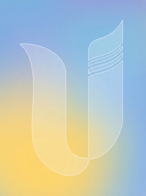 以蓝黄色为背景的简约海报，将用户提供的logo仅保留轮廓，调整为半透明效果嵌入海报中，整体融合自然不违和预览效果
