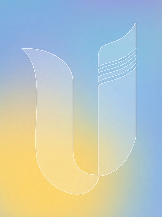 以蓝黄色为背景的简约海报，将用户提供的logo仅保留轮廓，调整为半透明效果嵌入海报中，整体融合自然不违和