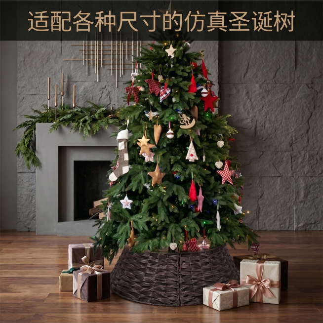 将图片中的Fits various sizes of artificial trees改为适配各种尺寸的仿真圣诞树，字体、排版和颜色均保持不变，其余内容不变预览效果