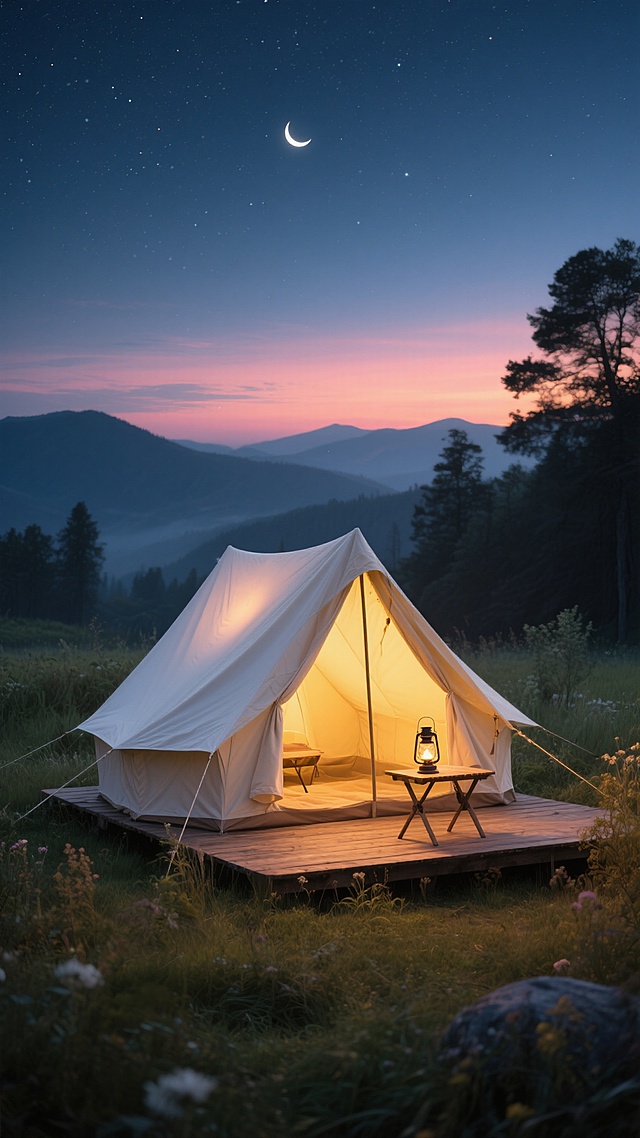 夜晚户外露营场景特写，中央是一顶米白色帆布帐篷，帐篷内透出温暖的黄色灯光，帐篷前的木质平台上放置着点燃的复古煤油灯和小桌，周围是茂密的草地和低矮植物，背景是渐变的夜空，从深蓝到橘粉色的晚霞，点缀着繁星和一弯新月，远处有朦胧的山脉轮廓和树木剪影，整体氛围宁静而温馨，光影柔和，色彩和谐，具有写实的自然质感和梦幻般的夜景氛围。