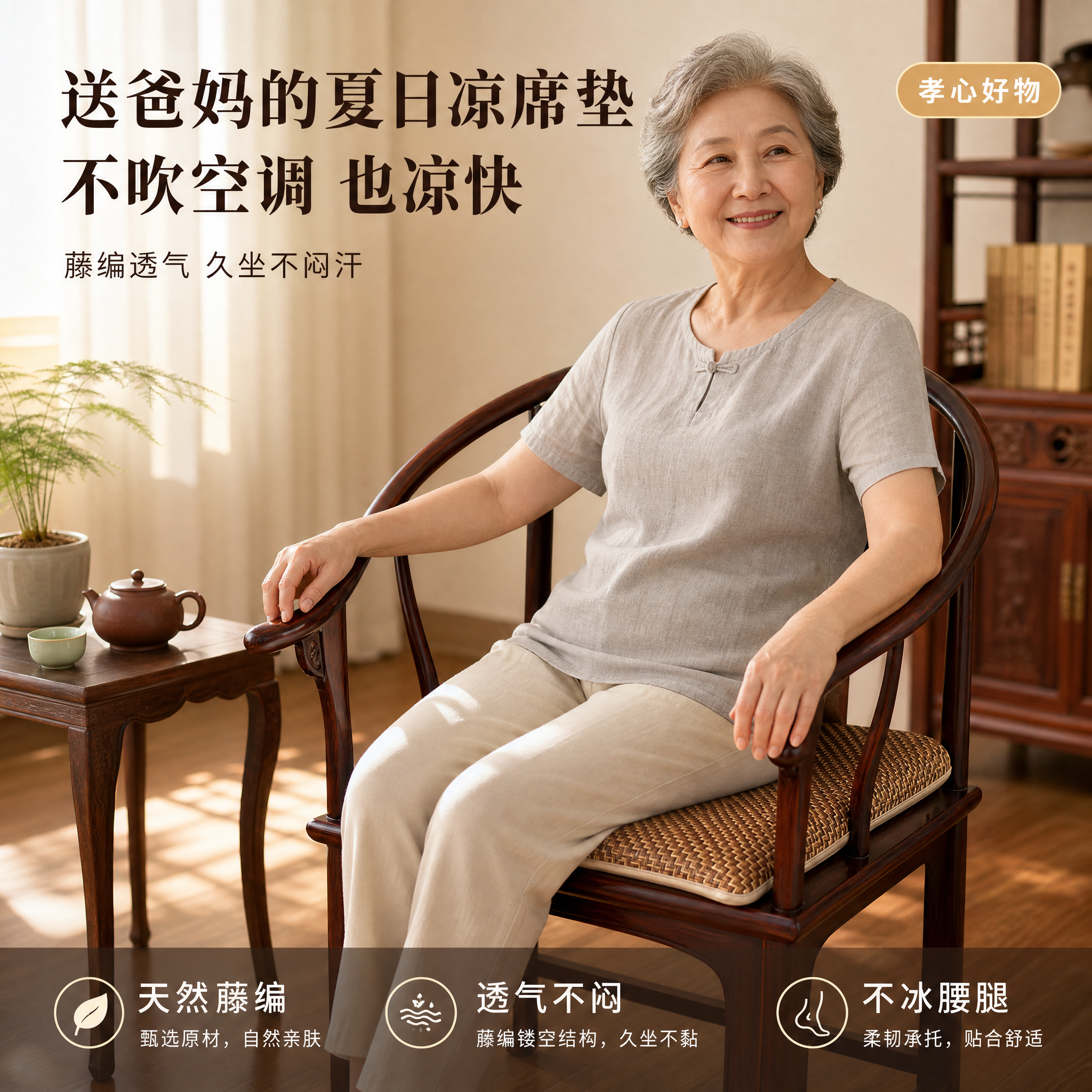 [主图-1] 中式客厅藤席坐垫孝心送礼首图 [氛围风格] 温馨… - 图片创意预览