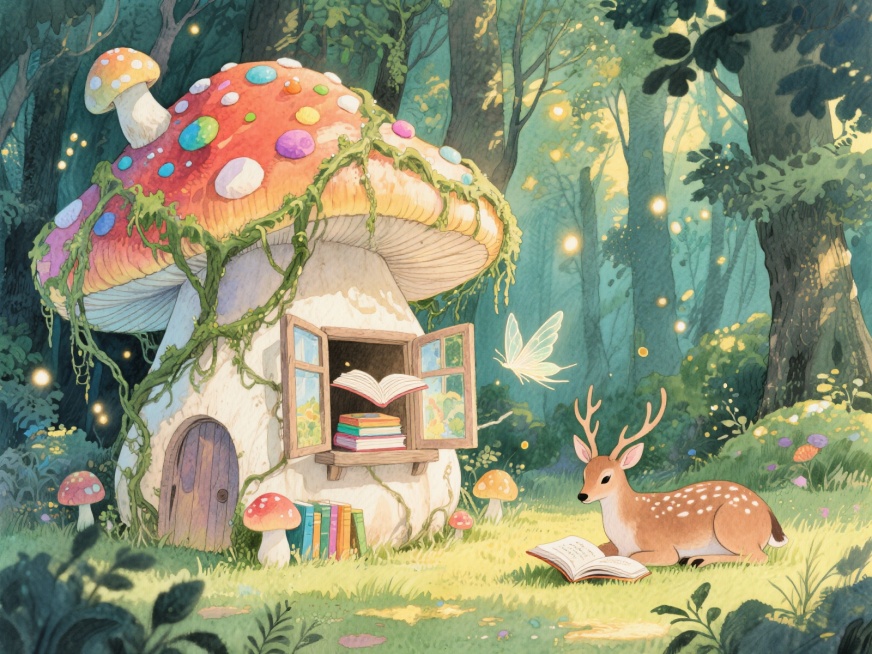 茂密森林深处，一座由巨大蘑菇与缠绕藤蔓搭建的童话书屋，蘑菇屋顶上点缀着彩色孢子，藤蔓从屋顶垂下缠绕着窗户，书本从敞开的窗户飘出化作带着翅膀的书页精灵，屋前一只小鹿趴在草地上正专注地翻看一本摊开的绘本，预览效果