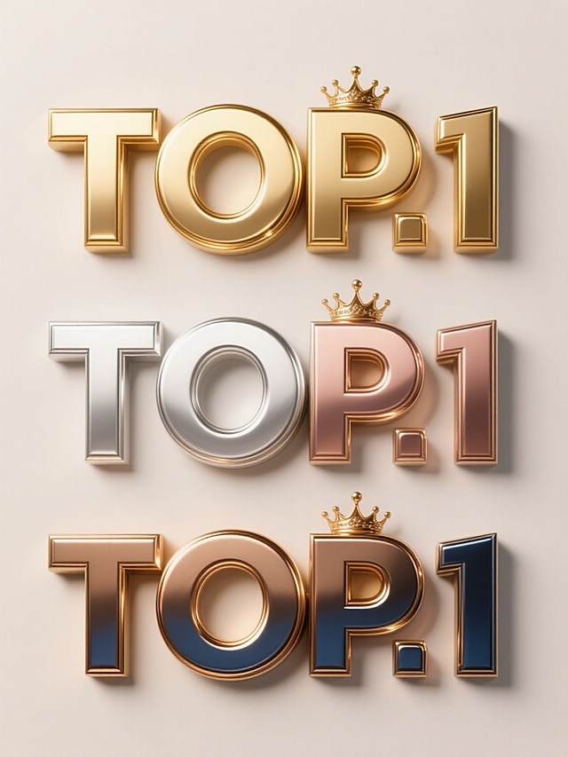 浅色背景上，上下两行对齐排列的四个不同配色、不同排版的「TOP1」文字元素，每个「TOP1」均采用立体金属质感设计，带有高光与阴影细节，类似原图中金色「NO.1」的厚重金属光泽与立体凸起效果，文字边缘锐利清晰，整体风格保持一致的奢华感与视觉冲击力，仅在颜色搭配（如银白、玫瑰金、青铜、深蓝金属色等）和排版布局（如字体粗细变化、字母间距调整、是否带有类似皇冠的装饰元素及其位置变化）上有所区分。