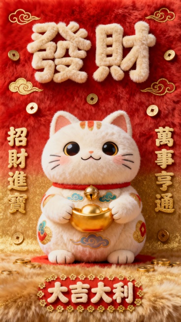 毛绒质感背景，主色调采用喜庆的红色与金色渐变，中央是一只圆润可爱的卡通招财猫形象，它睁着圆溜溜的大眼睛，嘴角上扬，前爪抱着一个金元宝，身上装饰有祥云和铜钱图案，整体造型憨态可掬，充满吉祥寓意。画面上方用圆润可爱的繁体字体书写“發財”两个大字，字体饱满厚实，边缘有精致的毛绒纹理，字的周围点缀着金色的祥云纹样和散落的铜钱图案。“發財”二字下方，左右两侧分别用同样圆润可爱的繁体字体竖向排列吉祥祝福语……预览效果