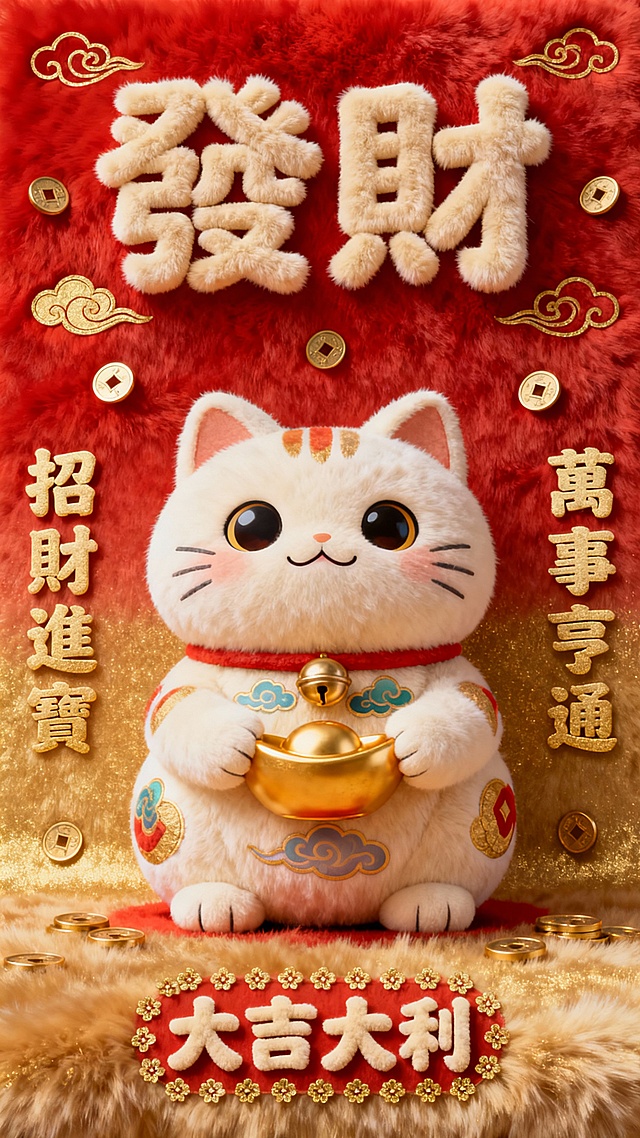 毛绒质感背景，主色调采用喜庆的红色与金色渐变，中央是一只圆润可爱的卡通招财猫形象，它睁着圆溜溜的大眼睛，嘴角上扬，前爪抱着一个金元宝，身上装饰有祥云和铜钱图案，整体造型憨态可掬，充满吉祥寓意。画面上方用圆润可爱的繁体字体书写“發財”两个大字，字体饱满厚实，边缘有精致的毛绒纹理，字的周围点缀着金色的祥云纹样和散落的铜钱图案。“發財”二字下方，左右两侧分别用同样圆润可爱的繁体字体竖向排列吉祥祝福语，左侧写“招財進寶”，右侧写“萬事亨通”，字体大小略小于主标题，颜色为金色，与主标题相呼应。画面底部中央位置用稍小一号的圆润字体写着“大吉大利”，周围环绕着一圈金色的小花纹。整体构图层次分明，视觉焦点突出，色彩鲜艳明快，毛绒质感细腻柔和，营造出浓厚的春节发财喜庆氛围，信息传达清晰直接，符合大众对吉祥发财主题的审美期待。