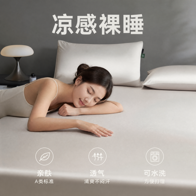 生成一套主图 商品为冰丝床笠 主要买点是 360°全包裹 水洗冰丝材质 凉感裸睡 隔脏防尘要求生成1比1的图片五张图片各自展示不同细节和买点 不能出现买点和图片角度细节重复「图片1」预览效果