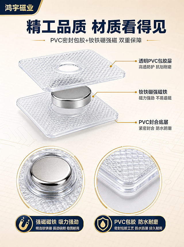 [商品] 使用【图3】【图5】PVC单面磁产品；保留透明PVC包胶方形底座、圆形银色/金色磁铁的结构和材质；精修增强金属磁铁的金属光泽和PVC的通透质感，边缘清晰。
[画面] 页面目标：结构材质解析，证明产品工艺和品质。上下分层构图，上半部分为产品结构爆炸/剖面示意，下半部分为材质细节展示。画面中央展示一枚PVC单面磁的分层结构示意：上层透明PVC包胶层、中层钕铁硼磁铁层、底层PVC封合层，用引线标注各层名称。下方左右两个圆形放大窗，左侧展示磁铁金属质感细节，右侧展示PVC包胶边缘工艺和防水密封结构。背景为浅米色渐变，带细微科技纹理。左上角文字"鸿宇磁业"。
[视觉] 套系策略：风格=蓝金工业品质风，源头工厂专业感；标题字=现代粗黑体，厚重有力；正文字=简洁无衬线体；主色=深蓝色+米金色；背景延展=浅米色渐变底，带细微网格纹理；强调色=浅金色，用于引线、标注和图标；标题色=深蓝色；正文色=深灰色；组件=细线引线标注、圆形放大窗、浅金色图标；光影=均匀影棚光，结构层次清晰，金属和PVC材质对比鲜明。
[文字] 顶部深蓝色大字标题写"精工品质 材质看得见"，副标题写"PVC密封包胶+钕铁硼强磁 双重保障"。结构引线标注：透明PVC包胶层、钕铁硼强磁铁、PVC封合底层。两个放大窗分别标注：强磁磁铁 吸力强劲、PVC包胶 防水耐磨。文字全部横排，标注清晰。
[规格] 图片比例3:4竖版，2K分辨率，避免变形、错字、文字过小、结构示意不准确、材质失真、水印、平台Logo。