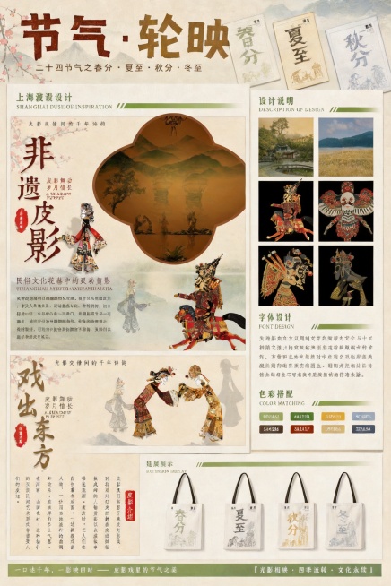 调整图片右侧区域，将字体设计修改为对应皮影主题的内容，灵感来源替换为皮影相关的参考图，保持整体排版和左侧内容不变，保留原展板的节气皮影风格预览效果