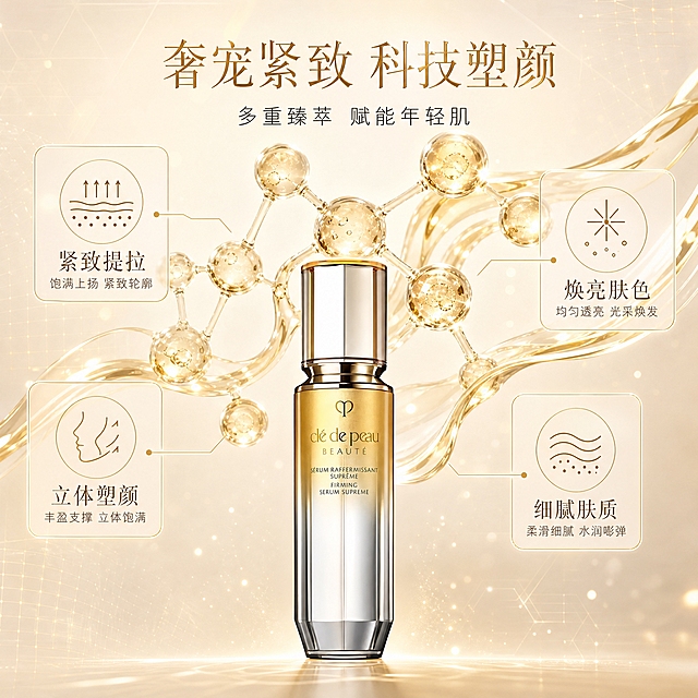 [主图-2] 核心功效成分解析，展示精华的紧致抗老科技与核心成分，强化专业背书。
[统一基调] 暖金轻奢风，整体采用香槟金+奶油白+透明玻璃质感的高级配色，主标题使用细衬线体金色大字，辅助文字使用深棕色细体，强调色为璀璨金，整体氛围奢华精致、通透高级，符合淘宝/天猫美妆高端线调性。
[画面] 产品瓶身位于画面下方居中，占画面约40%，完整展示正面。画面上半部分为核心功效成分可视化：悬浮着3D立体的胶原蛋白分子结构（金色透明质感）、几缕金色的精华液丝缕缓缓流动，还有细微的光点粒子。左右两侧各有两个金色细线图标卡片，分别标注「紧致提拉」「立体塑颜」「焕亮肤色」「细腻肤质」四个核心功效，用细线指向产品或分子结构。背景为浅米色渐变，带有细微的科技感网格纹理（非常淡）。
[光影质感] 高端商业摄影+3D渲染结合质感，产品部分保持真实摄影质感，分子结构为通透的3D渲染质感，整体光线柔和均匀，金色元素有自然的光泽与通透感，产品底部有柔和阴影。
[配色] 主色香槟金+奶油白+浅米色，点缀金色透明分子结构与深棕色文字，整体暖调轻奢且有科技感。
[文字版式] 主标题「奢宠紧致 科技塑颜」位于画面上方居中，金色细衬线体，字号大；下方有一行小字「多重臻萃 赋能年轻肌」，深灰色细体；四个功效卡片为金色细线边框，内有金色小图标与深棕色功效文字，字号较小但清晰。所有文字不遮挡产品主体。
[输出要求] 1:1正方形，2048*2048分辨率，产品清晰不变形，成分可视化精致高级，文字清晰可读。负向：禁止变形、错字、模糊、杂乱、水印、平台Logo、医疗功效宣称、产品外观与原图不符。