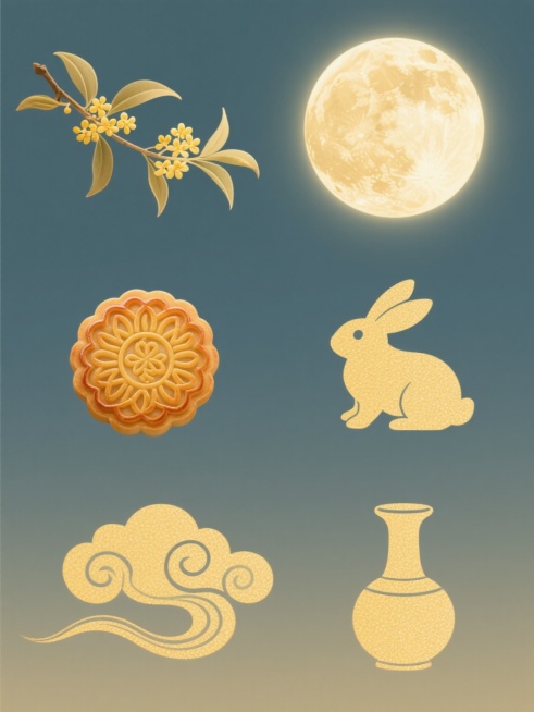简约现代风格的中秋主题系列素材，纯色背景，无文字无logo无水印，单一元素规整排布，具有柔和渐变的暖黄色调，表面带有细腻颗粒感和自然的圆形凹陷纹理，柔和均匀的光影效果，呈现出温润光滑的质感。第一张：明亮饱满的中秋圆月，带有自然月球表面纹理；第二张：优雅舒展的桂花枝，点缀小巧金黄桂花；第三张：经典圆形月饼，表面有精致花纹；第四张：灵动可爱的玉兔剪影，姿态活泼；第五张：飘逸流畅的祥云图案，线条优美……预览效果
