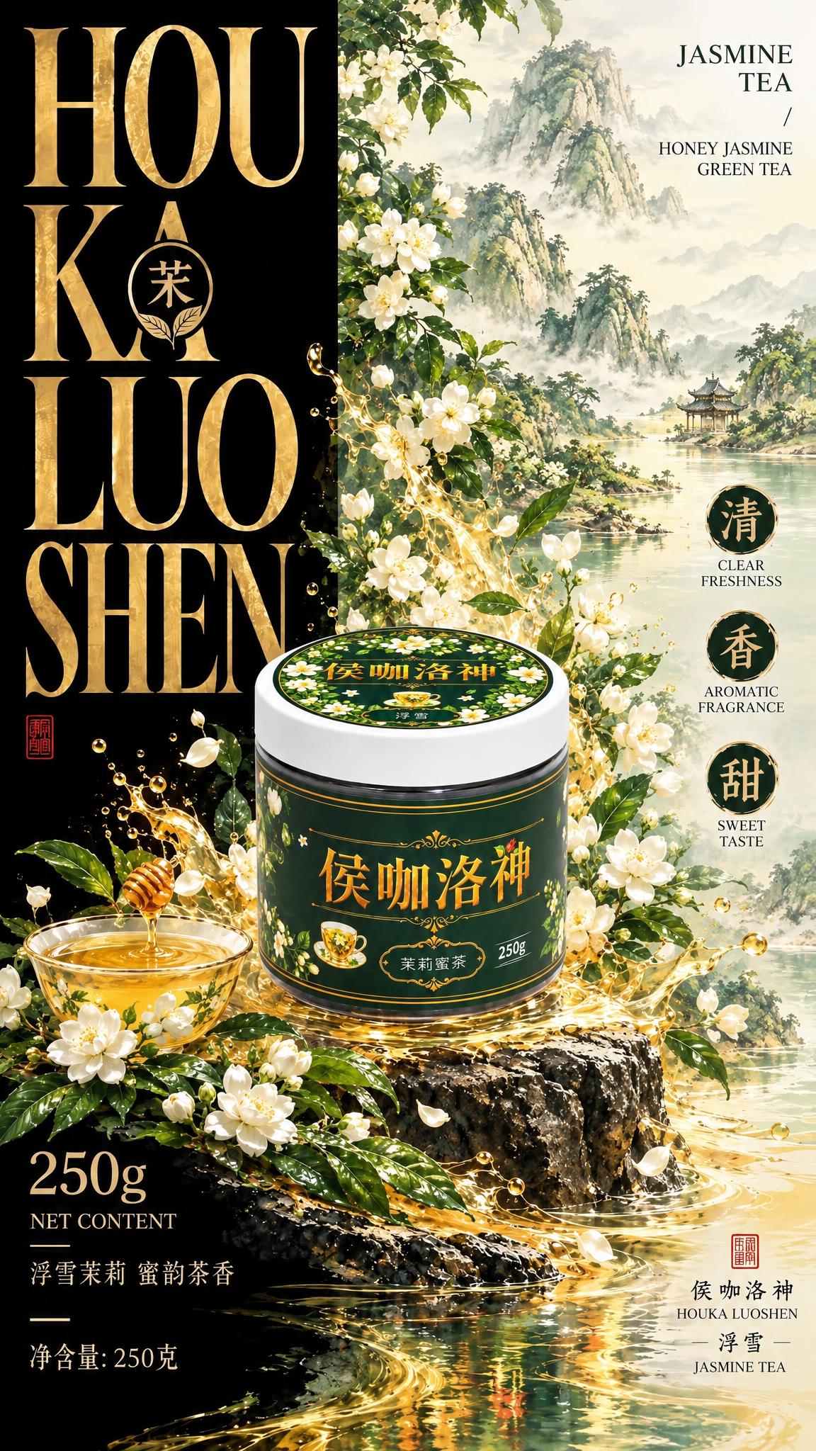电商商品海报，9:16竖版，国风水墨高端风格，黑金白绿配色，茉… - 图片创意预览