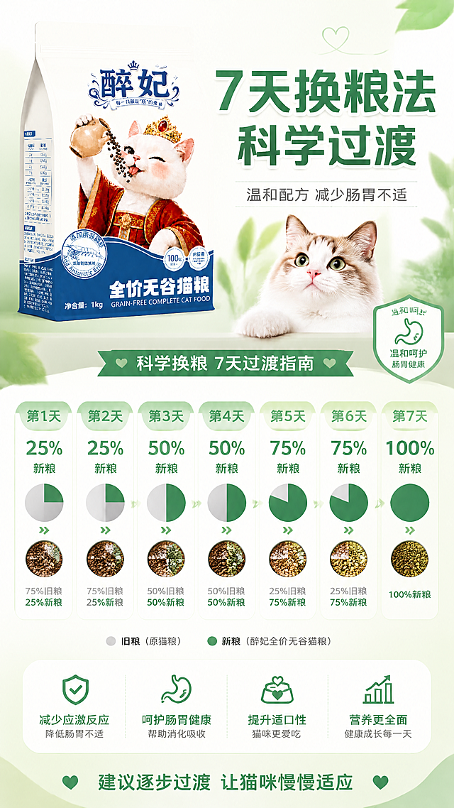 [第9张] 温和配方+7天换粮法页 - 科学过渡饲喂指南。本张使用【图1】作为商品主体。
[氛围/风格] 科学饲喂风，清新温和，绿蓝配色体现健康科学，商业设计质感。
[元素布局] 猫粮包装袋置于画面左上角，占比约25%；画面主体为7天换粮法的示意图表，用7个圆形/方块代表7天，每天显示旧粮和新粮的比例变化，形成渐变过渡效果；旁边有一只健康可爱的猫咪形象；背景为浅绿渐变，有叶子、爱心等温和元素装饰。
[光影质感] 整体均匀柔光，图表清晰明亮，产品和猫咪形象柔和自然，整体温和有信任感。
[配色色系] 全局底色 #F0FDF4（浅绿渐变）；主色 #10B981（健康绿）；辅助色 #1E40AF（宫廷蓝）+ #D4AF37（金色）；字色深绿+深蓝。
[视角构图] 上产品下图表，纵向流动构图，阅读动线从上到下跟随7天进度。
[文字版式] 顶部主标题「7天换粮法 科学过渡」，深绿色粗体；副标题「温和配方 减少肠胃不适」，灰色细体；7天换粮进度条横向排列，每天标注比例：第1-2天「25%新粮」，第3-4天「50%新粮」，第5-6天「75%新粮」，第7天「100%新粮」；底部提示语「建议逐步过渡 让猫咪慢慢适应」。
[比例分辨率] 9:16 竖版比例，4K分辨率，文字清晰可辨，高清画质。
[负向提示词] 包装变形，图表不清，颜色偏差，水印，文字过小，猫咪怪异。