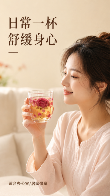 [第4屏] 玫瑰花茶模特展示屏。
[氛围/风格] 治愈生活方式氛围，温暖柔和，自然松弛，商业人像摄影质感。
[元素布局] 右侧为亚洲年轻女性半身侧影，人物肩部以上清晰可见，左手手持装有玫瑰花茶的透明玻预览效果