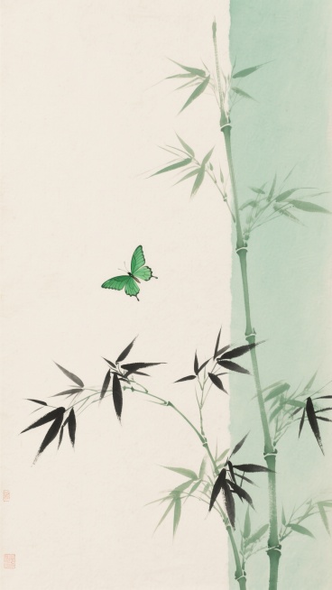 中国水墨画风格，浅米色宣纸背景，右侧垂直分布淡绿色色块，画面下方绘有疏朗的墨竹，竹叶呈深浅不一的绿色，竹竿挺拔，左侧一只翠绿蝴蝶翩然飞舞，整体色调清雅柔和，笔触简约写意，营造出宁静悠远的东方意境，无任何文字元素。预览效果
