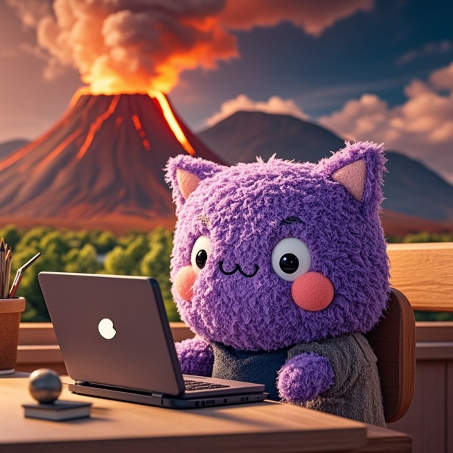 超小人对着电脑办公，背景是户外火山爆发预览效果