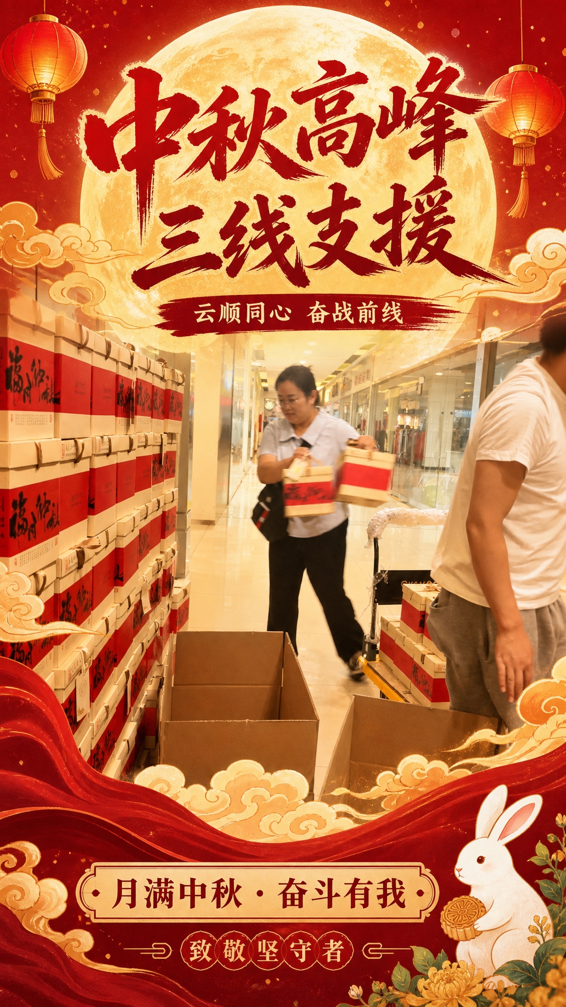 基于这张商场内员工搬运中秋礼盒的工作照片，制作一张「中秋高峰云… - 图片创意预览