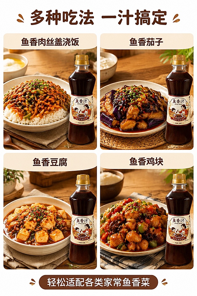 [第4屏] 多场景吃法展示，鱼香汁多种菜品搭配。本屏所有产品使用【图1】作为主体。
[氛围/风格] 温馨家常餐桌风，真实菜品食欲感，生活化场景，暖光氛围。
[元素布局] 采用2×2圆角卡片场景拼图，四个场景分别是：鱼香肉丝盖浇饭、鱼香茄子、鱼香豆腐、鱼香鸡块，每个场景均清晰露出鱼香汁瓶身；每张卡片内菜品完整诱人，排版工整，留出顶部标题区域和底部区域。
[光影质感] 每个场景都用柔和自然光，菜品色彩鲜亮，食欲感强。
[配色色系] 全局底色 #FFFFFF，主色菜品自然色彩，辅助色浅灰卡片描边，深棕文字。
[视角构图] 俯拍平铺，每个场景都是独立方块，阅读动线从上到下，从左到右。
[文字版式] 顶部主标题「多种吃法 一汁搞定」，底部标注「轻松适配各类家常鱼香菜」，圆角深棕字体，排版简洁不遮挡菜品。
[比例分辨率] 9:16 竖版比例，4K分辨率，文字清晰可辨，高清画质。
[负向提示词] 菜品模糊，文字遮挡主体，排版杂乱，产品变形