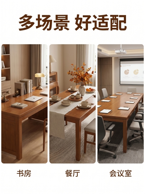 [主图 4] 规格与多场景适配展示。[氛围风格] 保持原木温馨风格，和整套主图统一。[画质] 商业摄影质感、光线柔和通透、产品清晰真实、画面干净高级。[元素] 使用三宫格拼图展示实木长桌在不同场景的适预览效果
