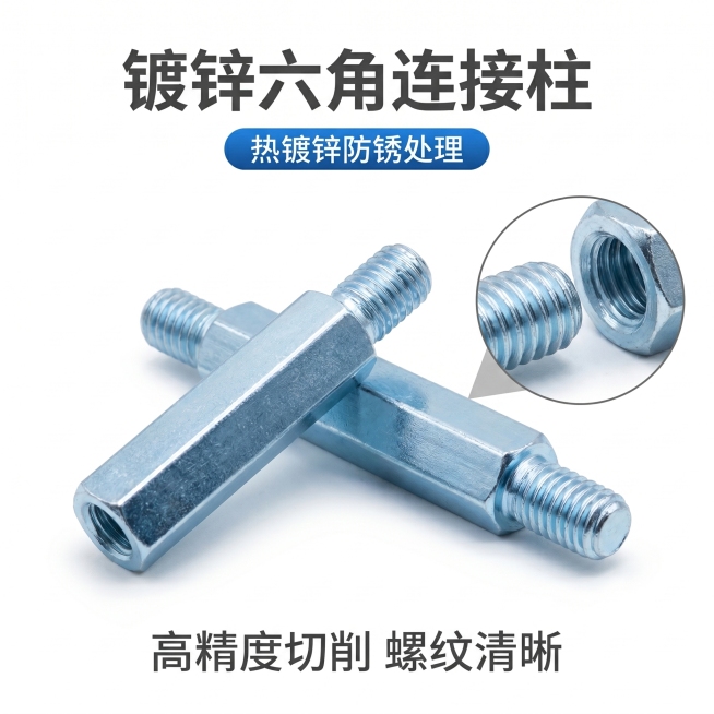 [主图 3] 镀锌六角连接柱材质工艺细节展示。
[氛围风格] 极简专业，突出产品本身质感
[画质] 商业微距摄影质感，细节清晰锐利，真实呈现金属材质。保持产品外观（物理结构、材质质感、颜色）与输入产品预览效果