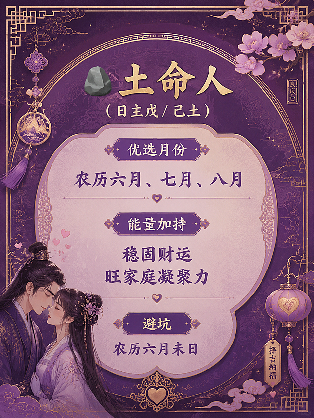 土命人择吉页，比例3:4，紫色背景搭配古代传统纹路和爱情元素，标题🪨土命人（日主戊 / 己土），内容：优选月份农历六月、七月、八月，能量加持稳固财运旺家庭凝聚力，避坑农历六月未日，排版清晰，古法浪漫风格