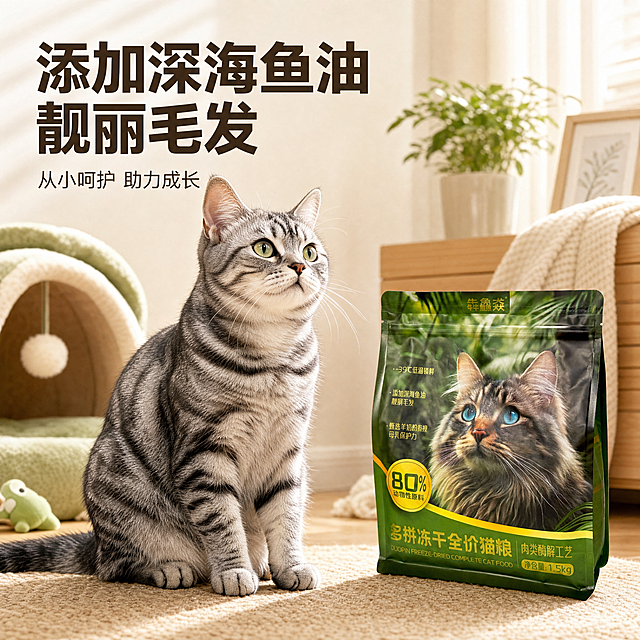 [主图-4] 犇鱻猋多拼冻干全价猫粮美毛功效场景图；氛围风格：生活场景代入，温馨氛围感；画质：商业摄影质感、光线柔和通透、产品清晰真实、画面干净高级。元素：猫粮包装袋放置在画面右下角，画面主体是一只毛发顺滑靓丽的蓝虎斑美短猫咪，状态健康活泼；背景布置温馨居家猫窝场景，干净整洁；保持猫粮包装袋外观与输入产品图绝对一致，杜绝任何变形和色差，精细化处理。猫咪和产品整体占比约70%，布局协调不拥挤。光影：室内柔和自然光，整体温馨明亮，猫咪毛发质感清晰可见。配色：整体暖调温馨，绿色包装点缀，自然和谐。视角构图：生活平视视角，景深适中，猫咪为视觉焦点，产品清晰展示不遮挡。文字版式：左上角大字文案“添加深海鱼油 靓丽毛发”，深棕色粗体，在浅色背景上清晰可读；下方小字补充“从小呵护 助力成长”，字体缩小，柔和说明。比例分辨率：1:1 比例，4k 分辨率；文字清晰锐利，画面超高清。负向提示词：变形，水印，文字错乱，产品图模糊，背景杂乱。