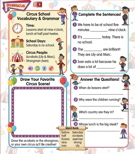 Create a children's English interactive exercise poster for lower primary school based on the Divers预览效果