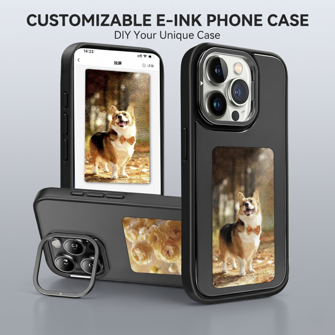 [主图1 首屏海报] 展示Customizable E-Ink Phone Case，科技简约风格，浅灰背景搭配深空灰装饰。保持产品外观、结构、材质与原图一致，三个不同角度展示产品（背面带屏+投屏+带预览效果