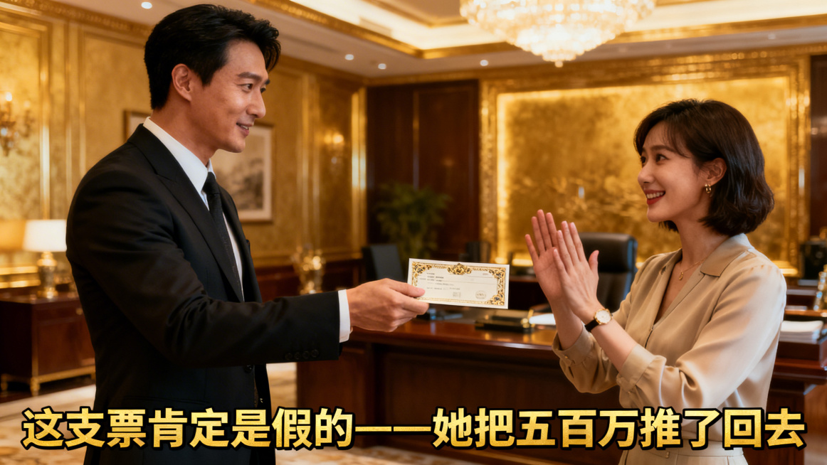 真人摄影风格，亚洲帅气男主（霸道总裁形象）递出一张精致支票，旁边亚洲美女双手推拒，神情半信半疑带着笑意，豪华办公室背景，电影质感，图片底部叠加金色文字标题"这支票肯定是假的——她把五百万推了回去"预览效果