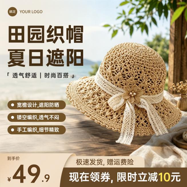 手工编织帽帽子商品促销清新实景感电商商品主图预览效果