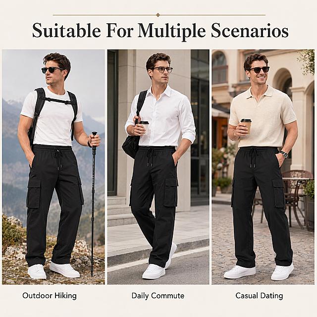 [本屏] 男士黑色工装休闲裤三场景合一多场景展示图，标题Suitable For Multiple Scenarios。本屏使用【图1】作为商品主体，提取参考图2的三格分栏版式设计。
[氛围/风格] 简约大气欧美商业摄影风格，低饱和度暖浅米色背景，干净高级，突出男士穿搭质感，设计差异化避免和竞品雷同。
[元素布局] 顶部预留主标题区域，下方平均分为三格竖栏，每格放置一个男士模特穿着裤子的差异化场景，三个场景分别为户外徒步、日常通勤、休闲约会，保持裤子款式、颜色、结构和输入产品图一致，场景和竞品参考图完全不同。底部每个场景下方标注对应简洁文案。整体排版均衡，不遮挡产品主体。
[光影质感] 整体柔和均匀商业棚拍光影，每个场景都有自然明暗过渡，产品细节清晰锐利，裤子纹理和面料质感真实自然。
[配色色系] 全局底色 #f8f5f0，主色为低饱和暖米色，辅助色为深灰色文字，保持整体色调干净沉稳贴合男士风格。
[视角构图] 每个场景采用3-4身构图，完整展示模特穿着裤子的效果，阅读动线上到下，左到右流畅自然。
[文字版式] 顶部大号标题文字"Suitable For Multiple Scenarios"，每个分栏底部放置对应场景的英文文案，分别为"Outdoor Hiking"、"Daily Commute"、"Casual Dating"，文字清晰，字体简约大气，不遮挡产品主体。
[比例分辨率] 1:1正方形比例，适配亚马逊平台，2K分辨率，文字清晰可辨，高清画质。
[负向提示词] 产品变形，颜色偏差，文字错乱，文字过小，多余装饰，背景杂乱，水印，中文字符，侵权元素，夸大文案。