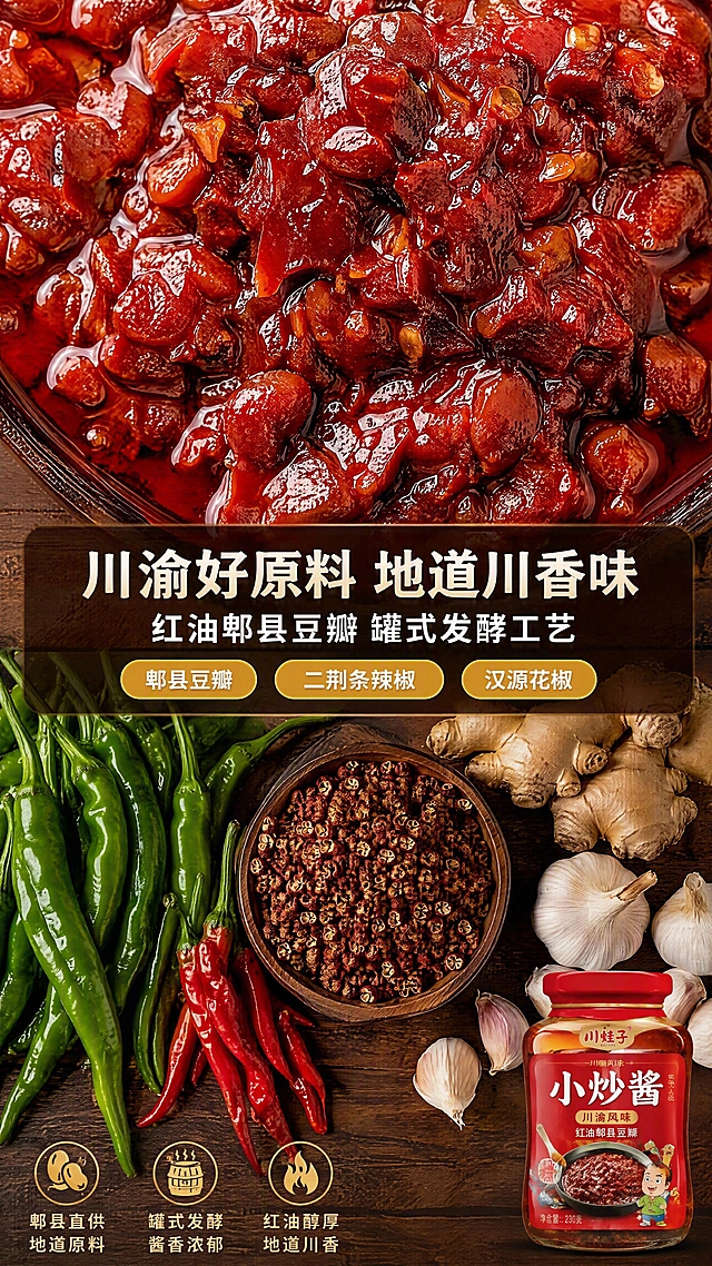 [第3张] 原料产地页-川渝红油郫县豆瓣原料展示。本张为成分专张，不使用产品图作为主体，以原料实拍为主，产品小图点缀。
[氛围/风格] 产地新鲜感，原料微距真实质感，川渝地域特色，商业摄影质感。
[元素布局] 画面上半部分满铺红油郫县豆瓣微距特写，豆瓣颗粒油亮红润，占画面约50%；中部横向展示二荆条辣椒、汉源花椒、生姜大蒜等原料平铺俯拍，占画面约30%；右下角点缀一小瓶/小袋小炒酱产品；背景为深棕色木质纹理台面；原料元素尺度大，主视觉合计占画面80%以上。
[光影质感] 顶部柔光俯拍，红油光泽通透，豆瓣颗粒纹理清晰，辣椒褶皱自然，花椒麻囊可见，整体油润诱人。
[配色色系] 全局底色 #8B4513 深棕木纹；主色红油红 #B22222；辅助色辣椒绿 + 花椒红棕；字色米白 + 金黄。
[视角构图] 俯视平铺构图，上重下轻，阅读动线顶部原料 → 中部产地文字 → 底部产品点缀。
[文字版式] 中部叠加半透明深色文字区，主标题「川渝好原料 地道川香味」，副标题「红油郫县豆瓣 罐式发酵工艺」，圆角粗黑体白字；下方三个原料标签「郫县豆瓣」「二荆条辣椒」「汉源花椒」，金黄底白字胶囊样式；文字清晰不遮挡核心原料细节。
[比例分辨率] 9:16 竖版比例，4K 分辨率，文字清晰可辨，高清画质。
[负向提示词] 原料模糊，油光失真，文字错乱，水印，颜色灰暗，背景杂乱，构图拥挤。
