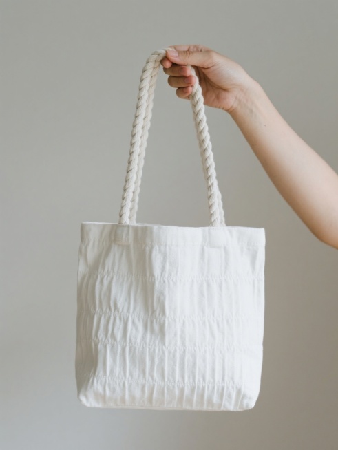 一只手以自然的握持姿态提着一个白色手提袋，保持简约干净的纯色背景，手提袋变换为带有精致褶皱设计的方形托特包样式，采用柔软挺括的帆布材质，白色粗绳手提带，袋身有细微的纹理质感，整体呈现出极简主义的产品摄影风格，光线柔和均匀，阴影细腻自然，突出手提袋的立体形态和材质细节。预览效果