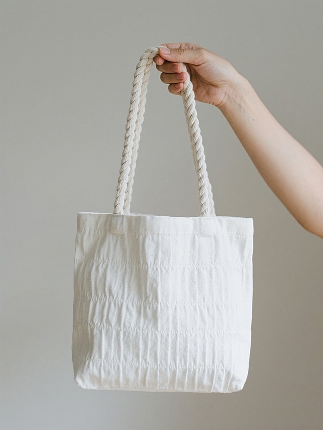 一只手以自然的握持姿态提着一个白色手提袋，保持简约干净的纯色背景，手提袋变换为带有精致褶皱设计的方形托特包样式，采用柔软挺括的帆布材质，白色粗绳手提带，袋身有细微的纹理质感，整体呈现出极简主义的产品摄影风格，光线柔和均匀，阴影细腻自然，突出手提袋的立体形态和材质细节。