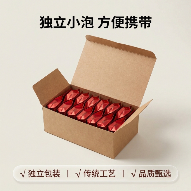 [主图 5 规格展示] 大红袍产品完整规格展示，简约风格。牛皮纸包装盒打开，内部整齐排列多个独立红色小包装，整体展示盒内结构，所见即所得。画面底部横向排列服务承诺： √ 独立包装 丨 √ 传统工艺 丨预览效果