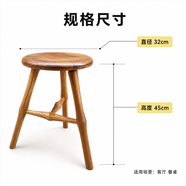 [第2屏] 本屏功能定义：实木客厅餐桌圆凳，产品尺寸规格展示页，展示凳面直径32厘米，凳高45厘米尺寸参数表。本屏使用【图1】作为商品主体。
[氛围/风格] 现代简约家居风，清晰展示产品尺寸，干净通透预览效果