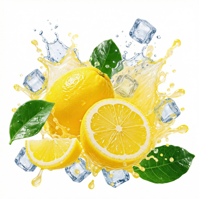 水果和果汁周围陪衬些冰块、飞溅的冰块，冰块数量参考图片2的冰块，冰块不要太多，水果和果汁颜色清晰不变，叶子绿一点，纯白色背景悬空，图像完整高清晰大图预览效果