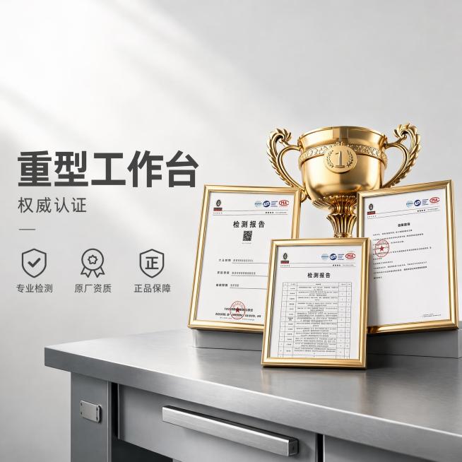 [单张主图] 重型工作台产品认证证书主图，换为高级氛围感主图，采用左文右物场景型版式，保持内容为三张检测认证证书配金色冠军奖杯，整体调整风格为简约高级商务风。左侧大面积留白放置主标题和卖点，主标题："预览效果