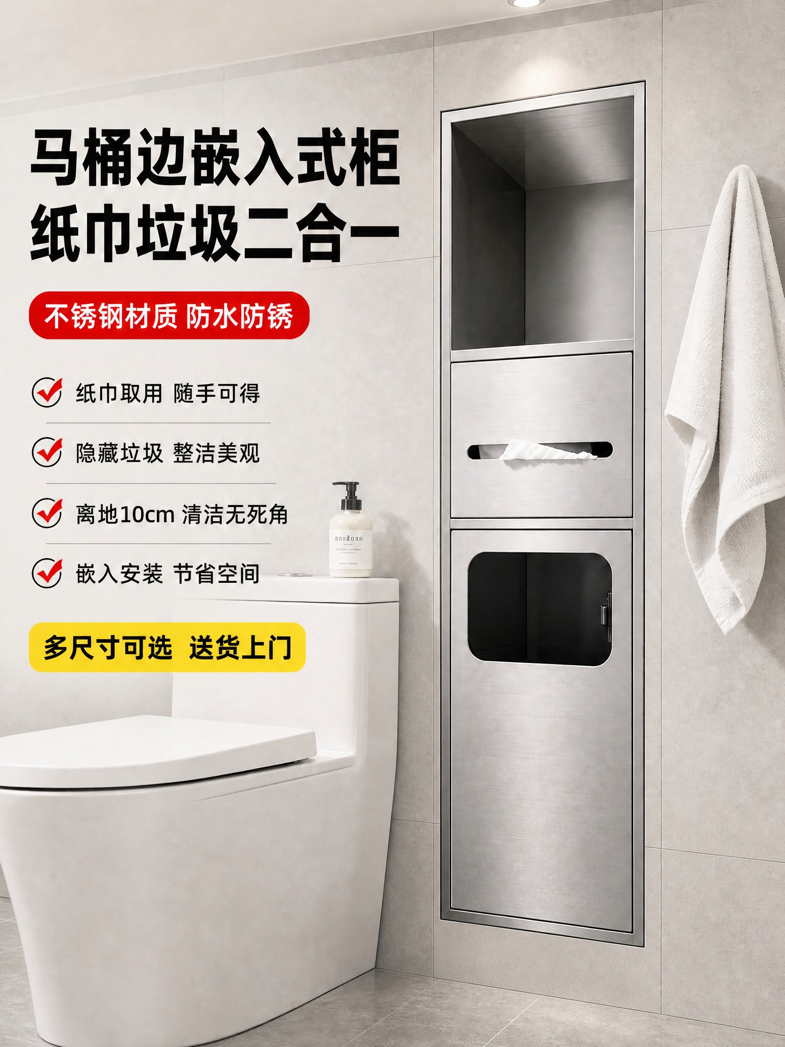 保持嵌入式不锈钢收纳柜整体结构、材质、颜色、纸巾口、垃圾桶门等… - 图片创意预览