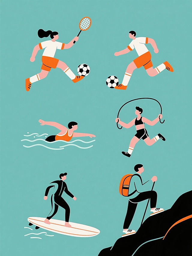 一套6张系列素材集合，保持简约现代扁平插画风格，每张素材均为规整排布的单一元素图案，分别是：1. 人物在打羽毛球，侧身跳跃挥拍姿态，黑色短发扎马尾，身着白色短袖上衣配橙色袖口和橙色短裤，白色长袜搭配橙色运动鞋；2. 人物在踢足球，动态踢球姿势，穿着运动服和足球鞋；3. 人物在游泳，标准游泳划水动作，身着泳衣；4. 人物在跳绳，双手摇绳跳跃姿态，穿着运动装；5. 人物在冲浪，站立于冲浪板上保持平衡，身着冲浪服；6. 人物在登山，向上攀登的姿势，背着登山包，穿着登山服和登山鞋。所有图案均采用纯色背景，无任何文字、logo及水印，色彩搭配以简洁明快的纯色为主，线条流畅，造型简约，整体视觉风格统一。