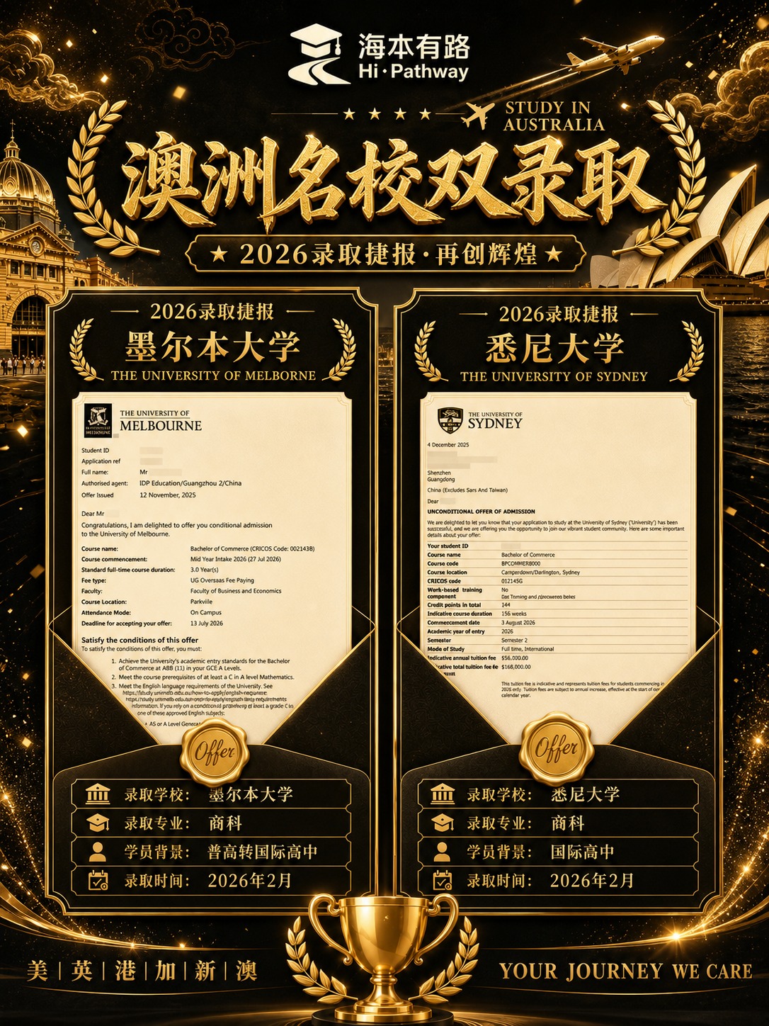 将这张澳洲名校双录取捷报海报的整体风格改为黑金奢华风格，参考图… - 图片创意预览