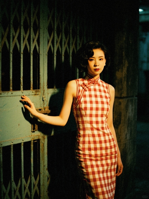 夜晚，一个女生穿着红白格纹样式无袖旗袍，格纹图案规整，港式发型，光线较为昏暗，神秘复古氛围，韵味十足站唐楼铁闸门前，手搭着门，看镜头预览效果