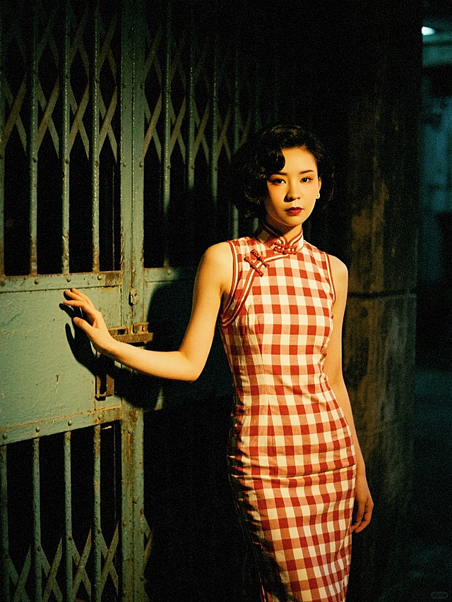 夜晚，一个女生穿着红白格纹样式无袖旗袍，格纹图案规整，港式发型，光线较为昏暗，神秘复古氛围，韵味十足站唐楼铁闸门前，手搭着门，看镜头