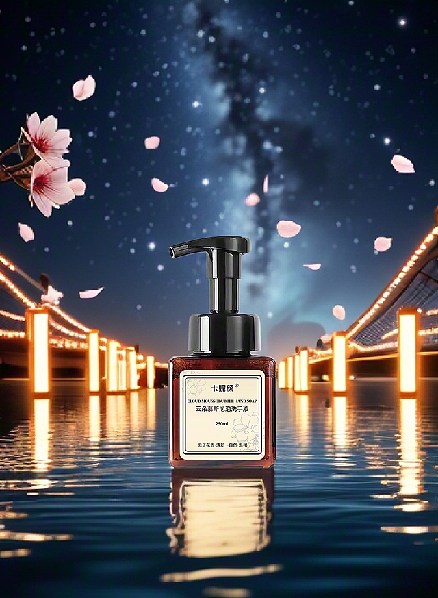 银河下，灯火桥边，粼粼水面，樱花瓣似星屑飘落